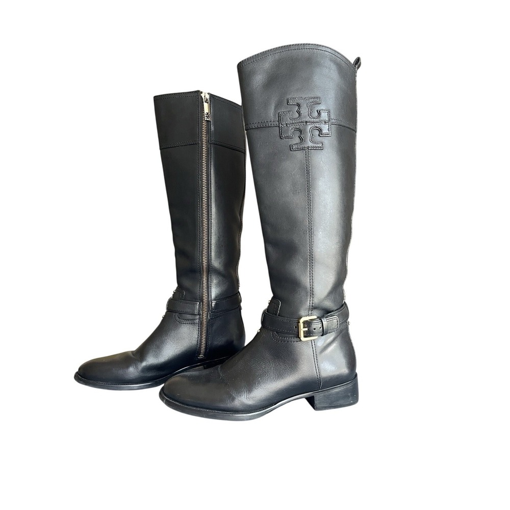 Tory Burch Women's Blair Black Leather Gold Buckle Riding Boots Shoes Size 8 - Picture 4 of 15